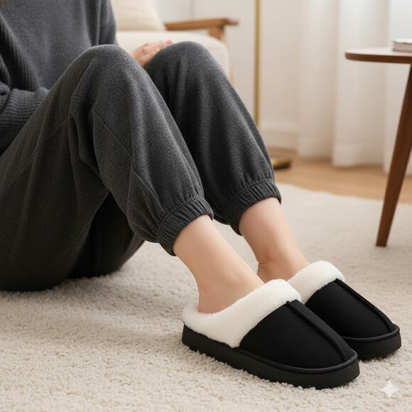 Women's Faux Fur Lined Slip-On SlippersCozy Warm Winter House Shoes~ BLACK - Picture 6 of 6